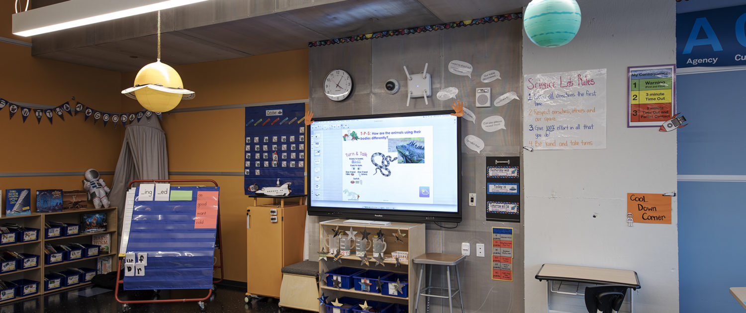 each with a 70” Promethean interactive display, a dedicated Mac Mini, and Elmo Document Camera.